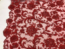 Beaded Floral - RED - Luxury Wedding Bridal Embroidery Lace Fabric Sold By The Yard