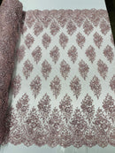 Floral Cluster Bead Fabric - Rose - Sold By The Yard - Embroidered Flower Beaded Fabric