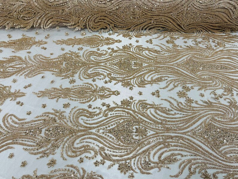 Luxury Bead Design - Rose Gold - Floral Fabric Embroidered w/ Pearls-Beads on Mesh Lace By Yard