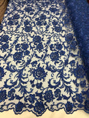 Beaded Floral - ROYAL BLUE - Luxury Wedding Bridal Embroidery Lace Fabric Sold By The Yard