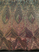 Rainbow Iridescent Sequins Fabric on Mesh, GEOMETRIC Design 4 way Stretch By The Yard