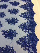 Wedding Lace Royal Blue Flower Lace Corded And Embroider With Sequins On A Mesh By Yard