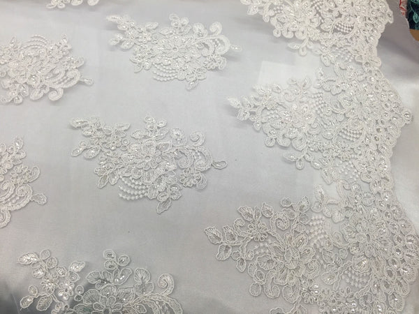 Wedding Dress - White - French Sequin Flower Design On Mesh Lace Fabric Sold By Yard