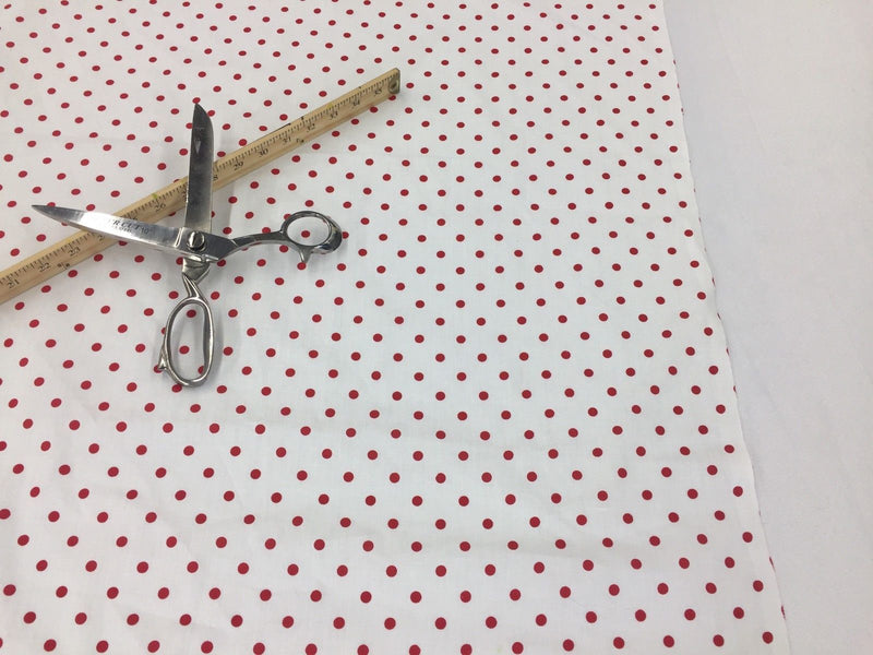 Poly Cotton Print Upholstery & Floral Fabric -White and Red Polka Dot Print - Sold By The Yard