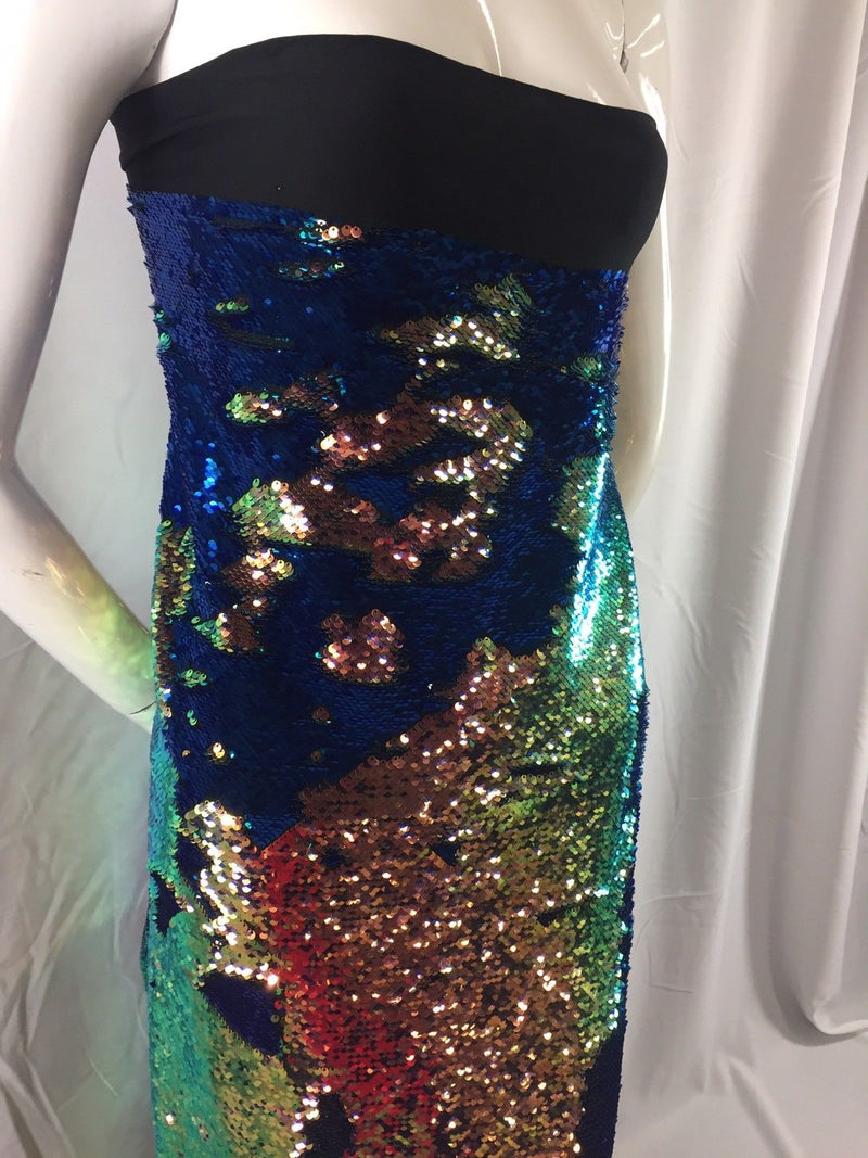 Mermaid Sequins Fabric IRIDESCENT Reversible 2 Way Stretch Royal Shiny Flip Up Sequins By The Yard