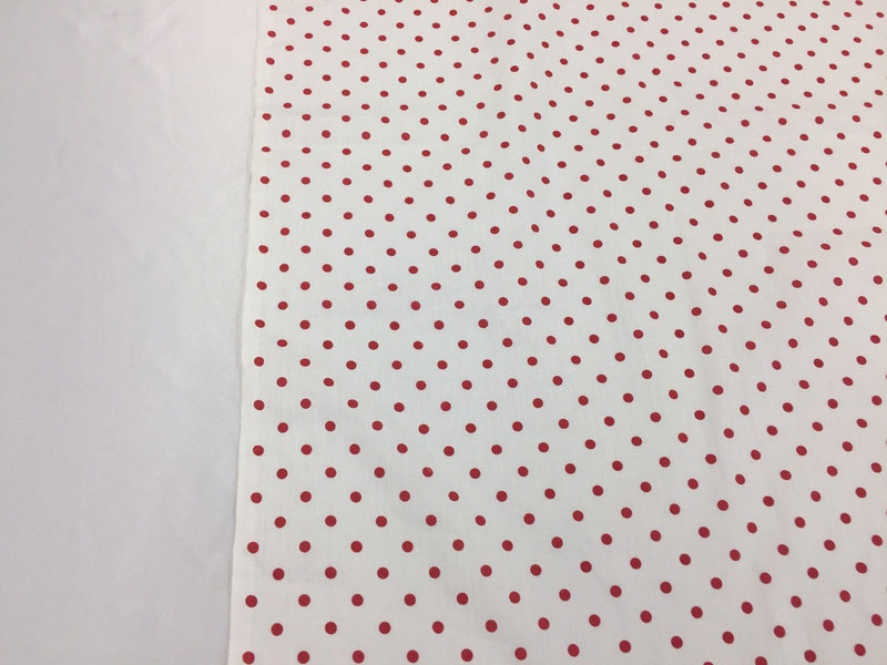 Poly Cotton Print Upholstery & Floral Fabric -White and Red Polka Dot Print - Sold By The Yard