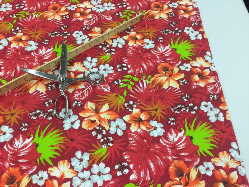 Poly Cotton Print Upholstery & Floral Fabric - Red Hawaiian Print - Sold By The Yard