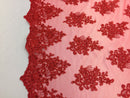 Wedding Dress - Red - French Sequin Flower Design On Mesh Lace Fabric Sold By Yard