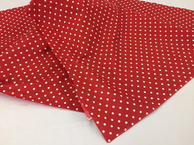 Poly Cotton Print Upholstery & Floral Fabric - Red and White - Polka Dot Print - Sold By The Yard