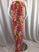 Poly Cotton Print Upholstery & Floral Fabric - Red Hawaiian Print - Sold By The Yard