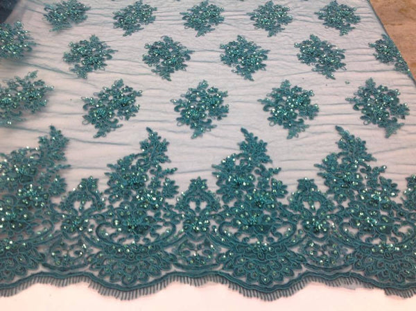 Wedding Dress - Teal - French Sequin Flower Design On Mesh Lace Fabric Sold By Yard