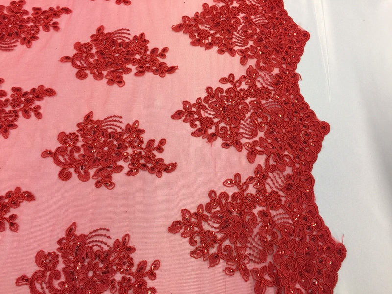 Wedding Dress - Red - French Sequin Flower Design On Mesh Lace Fabric Sold By Yard