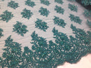 Wedding Dress - Teal - French Sequin Flower Design On Mesh Lace Fabric Sold By Yard