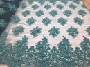 Wedding Dress - Teal - French Sequin Flower Design On Mesh Lace Fabric Sold By Yard