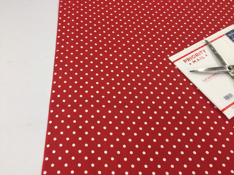 Poly Cotton Print Upholstery & Floral Fabric - Red and White - Polka Dot Print - Sold By The Yard