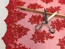 Wedding Dress - Red - French Sequin Flower Design On Mesh Lace Fabric Sold By Yard