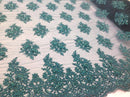 Wedding Dress - Teal - French Sequin Flower Design On Mesh Lace Fabric Sold By Yard