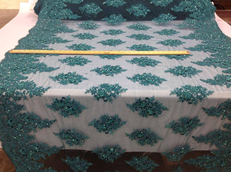 Wedding Dress - Teal - French Sequin Flower Design On Mesh Lace Fabric Sold By Yard