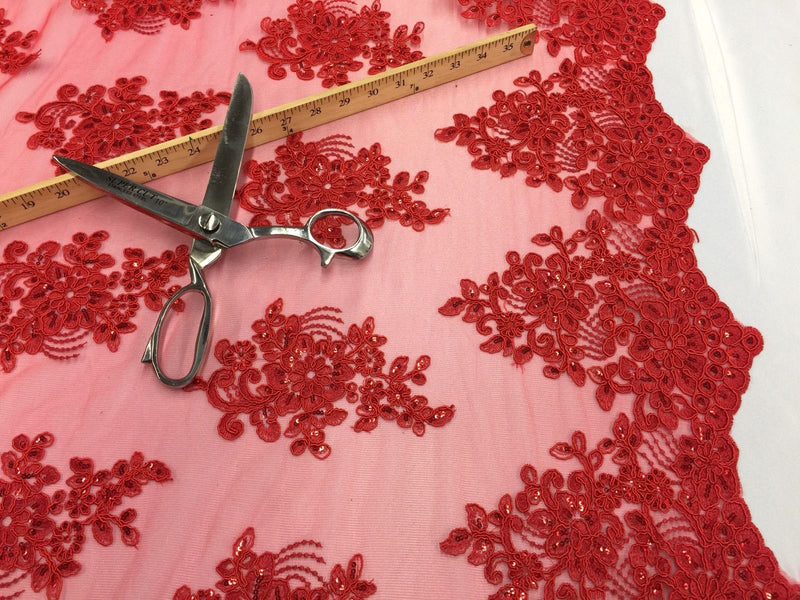 Wedding Dress - Red - French Sequin Flower Design On Mesh Lace Fabric Sold By Yard