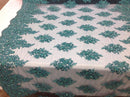 Wedding Dress - Teal - French Sequin Flower Design On Mesh Lace Fabric Sold By Yard
