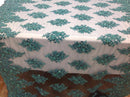 Wedding Dress - Teal - French Sequin Flower Design On Mesh Lace Fabric Sold By Yard