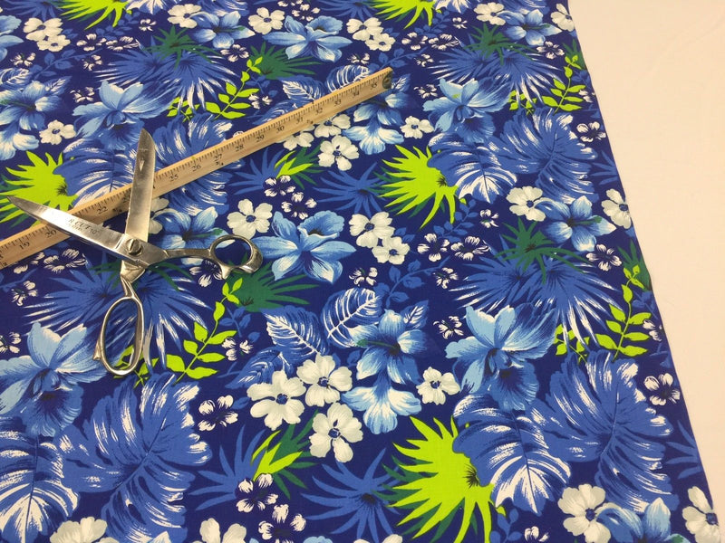 Poly Cotton Print Upholstery & Floral Fabric - Blue and Green Hawaiian Print -  Sold By The Yard