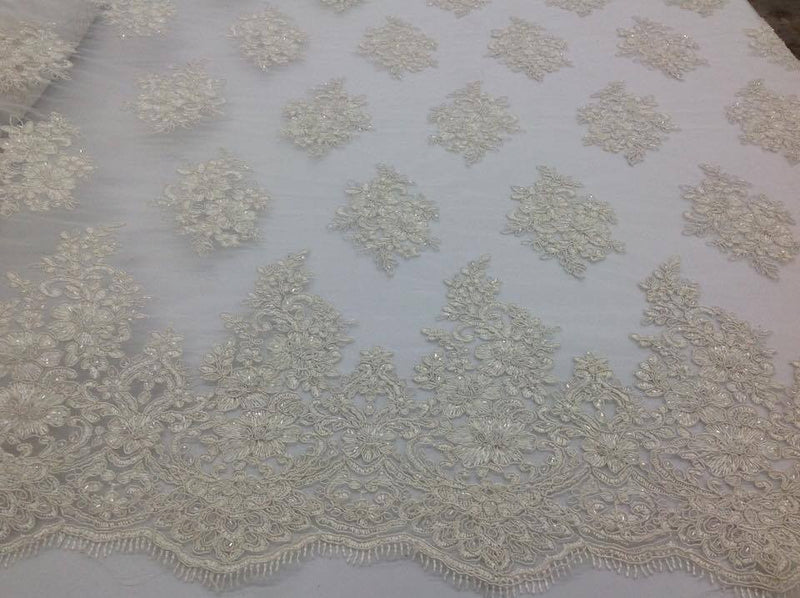 Lace  Fabric - By The Yard Ivory Mesh Bridal Veil Beaded & Sequins Wedding Decorations