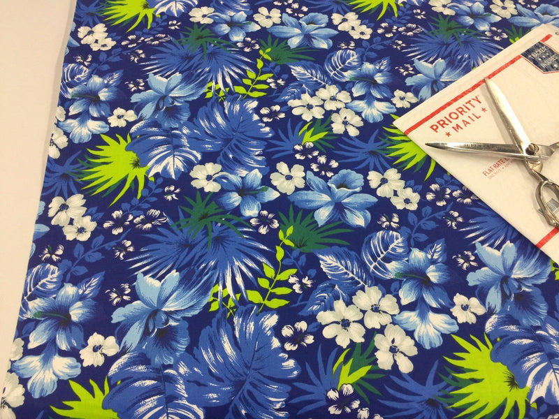 Poly Cotton Print Upholstery & Floral Fabric - Blue and Green Hawaiian Print -  Sold By The Yard