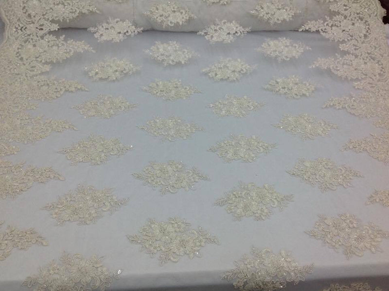 Lace  Fabric - By The Yard Ivory Mesh Bridal Veil Beaded & Sequins Wedding Decorations