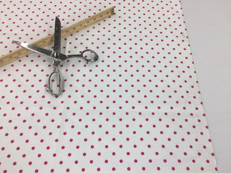 Poly Cotton Print Upholstery & Floral Fabric - White and Fuschia Polka Dot Print -  Sold By The Yard