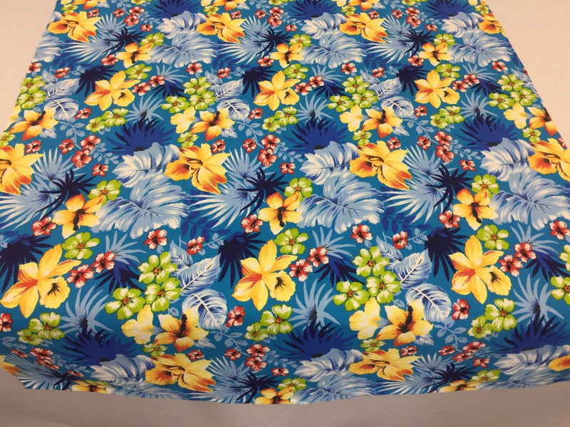 Poly Cotton Print Upholstery & Floral Fabric - Blue Hawaiian Print - Sold By The Yard