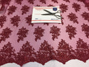 Wedding Dress - Burgundy - French Sequin Flower Design On Mesh Lace Fabric Sold By Yard