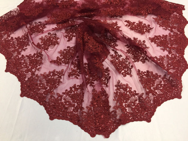 Wedding Dress - Burgundy - French Sequin Flower Design On Mesh Lace Fabric Sold By Yard