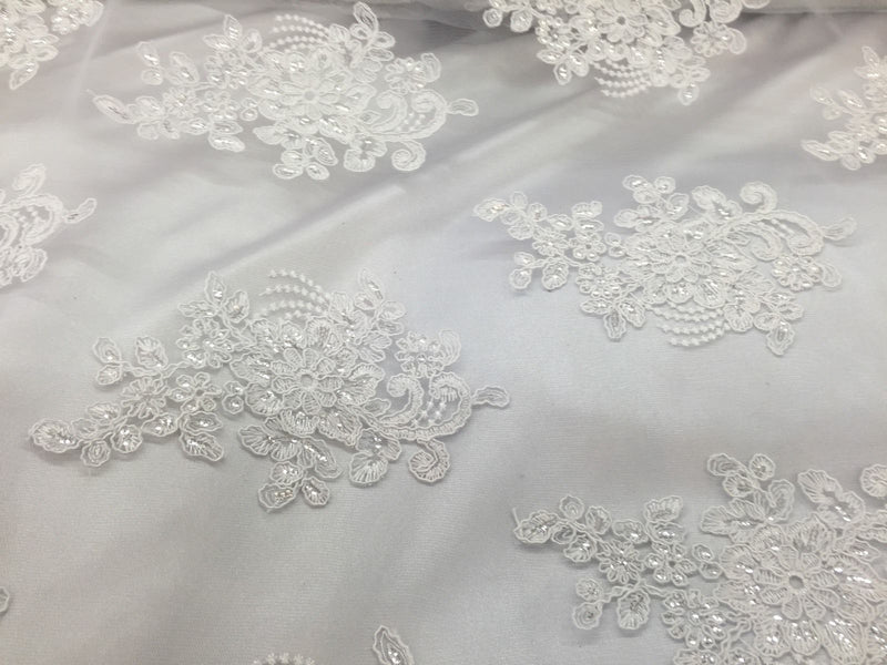 Wedding Dress - White - French Sequin Flower Design On Mesh Lace Fabric Sold By Yard