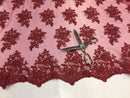 Wedding Dress - Burgundy - French Sequin Flower Design On Mesh Lace Fabric Sold By Yard