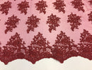 Wedding Dress - Burgundy - French Sequin Flower Design On Mesh Lace Fabric Sold By Yard