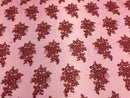 Wedding Dress - Burgundy - French Sequin Flower Design On Mesh Lace Fabric Sold By Yard