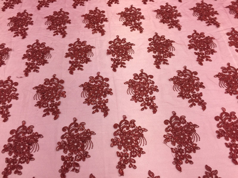 Wedding Dress - Burgundy - French Sequin Flower Design On Mesh Lace Fabric Sold By Yard