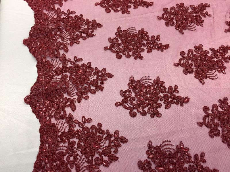 Wedding Dress - Burgundy - French Sequin Flower Design On Mesh Lace Fabric Sold By Yard