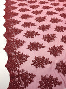Wedding Dress - Burgundy - French Sequin Flower Design On Mesh Lace Fabric Sold By Yard