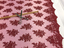 Wedding Dress - Burgundy - French Sequin Flower Design On Mesh Lace Fabric Sold By Yard