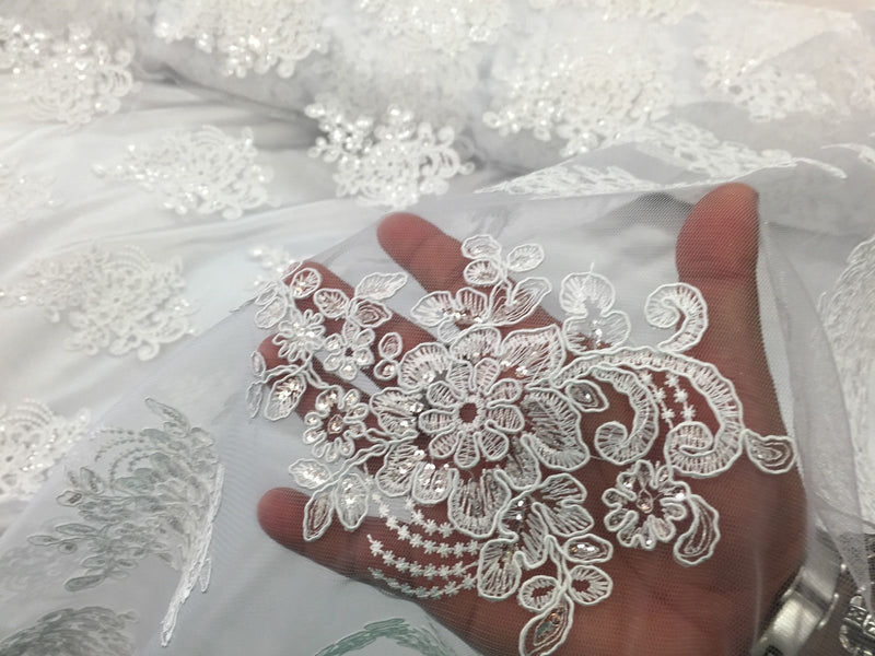 Wedding Dress - White - French Sequin Flower Design On Mesh Lace Fabric Sold By Yard