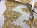 Wedding Dress - Gold - French Sequin Flower Design On Mesh Lace Fabric Sold By Yard