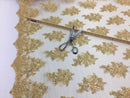 Wedding Dress - Gold - French Sequin Flower Design On Mesh Lace Fabric Sold By Yard