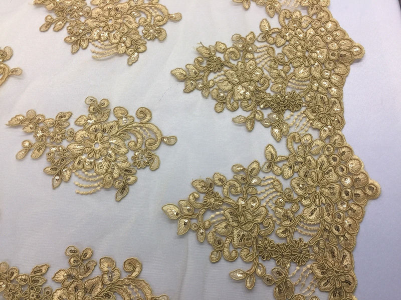 Wedding Dress - Gold - French Sequin Flower Design On Mesh Lace Fabric Sold By Yard