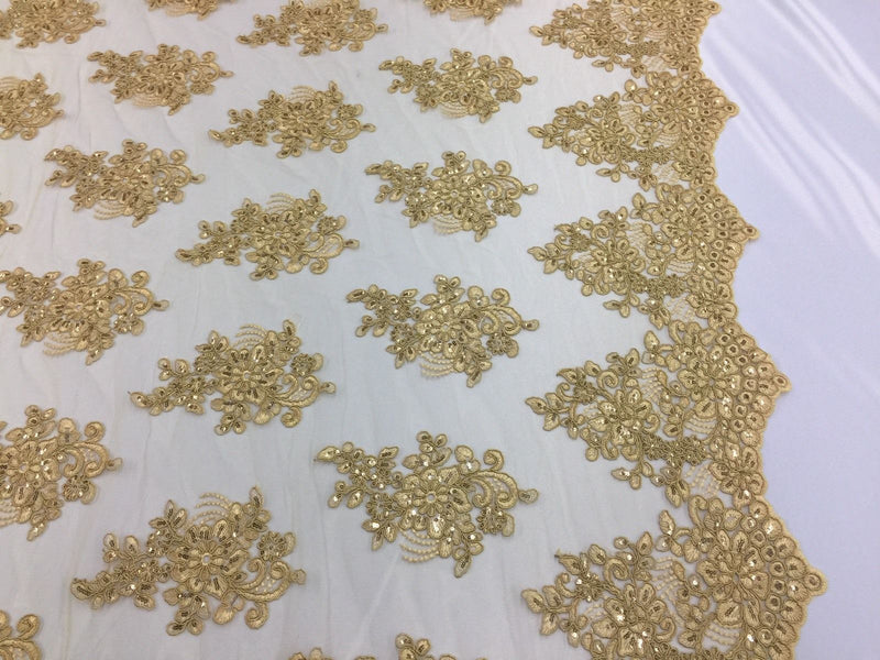 Wedding Dress - Gold - French Sequin Flower Design On Mesh Lace Fabric Sold By Yard