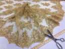 Wedding Dress - Gold - French Sequin Flower Design On Mesh Lace Fabric Sold By Yard