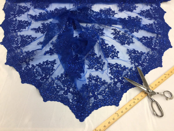 Wedding Lace Royal Blue Flower Lace Corded And Embroider With Sequins On A Mesh By Yard