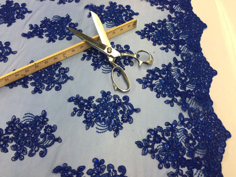 Wedding Lace Royal Blue Flower Lace Corded And Embroider With Sequins On A Mesh By Yard