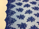Wedding Lace Royal Blue Flower Lace Corded And Embroider With Sequins On A Mesh By Yard